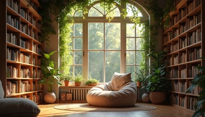 Inviting virtual meeting room background featuring large window with plants, natural sunlight. Room includes floor-to-ceiling bookshelves filled with books, comfortable beanbag chair, creating cozy,