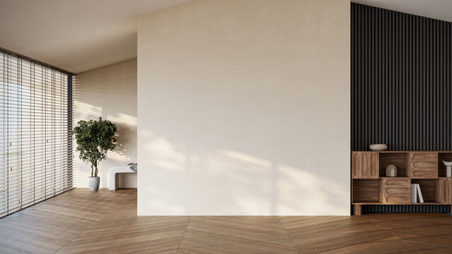 Modern empty room interior with wooden floor, neutral walls, and natural light. Minimalist design ideal for mockups, posters, and frames. 3D render