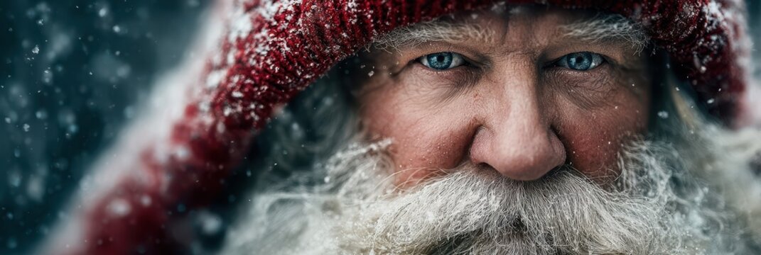 Elderly man with a white beard and blue eyes wearing a red hat in a snowy winter landscape