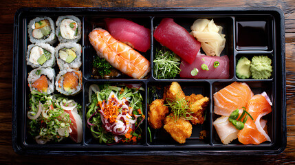 Bento box with assorted sushi, sashimi, and tempura