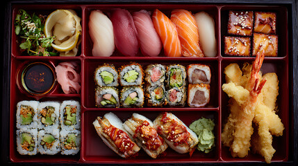 Bento box with assorted sushi, sashimi, and tempura
