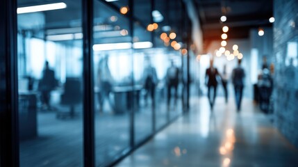 Blurred office scene with people walking down a corridor, glass walls, and a cold, professional ambiance, creating a sense of movement and business