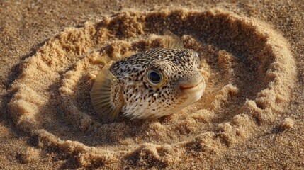 A puffer fish is partially buried in the sand, creating a circular nest. It is relaxing on the beach, with morning light illuminating its distinct spotted skin and facial structure.