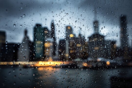 Rainy city skyline viewed through a window - Powered by Adobe
