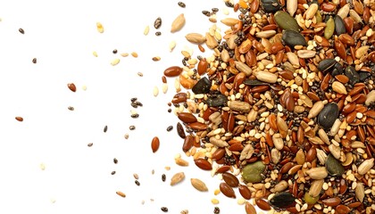 A colorful mix of seeds spills over a white background