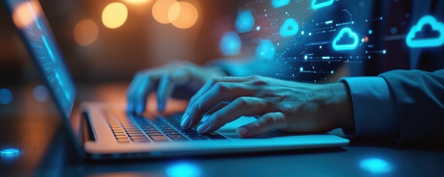 Businessman uses laptop for cloud storage, data backup, and software installation. Hands type on keyboard with glowing digital interface showing data transfer and cyber security elements.