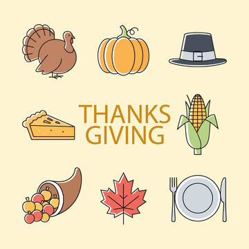 This cheerful graphic features a collection of simple, outlined Thanksgiving icons, including a turkey, pumpkin, pilgrim hat, pie, corn, cornucopia, maple leaf, and plate with cutlery.