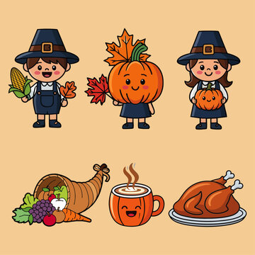 A cheerful, cartoon-style illustration depicting Thanksgiving characters.