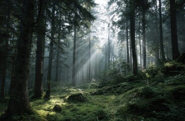 Sunlight streams through a misty forest (2)