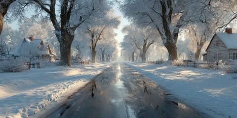 Winter landscape showing a serene snow-covered road lined with trees and houses at dawn