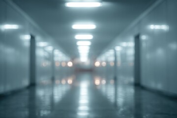 A blurred image shows a long, sterile-looking corridor with a polished floor and fluorescent lights stretching into the distance creating a bokeh effect