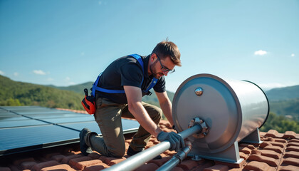 Rooftop plumber installs solar water heating system on tiled roof. Technician wearing safety harness works with pipes, connecting to large cylindrical tank under clear blue sky. Solar panels visible