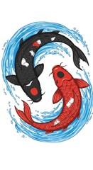 Cartoon Style Red and Black Koi Fish with Water Circle Illustration