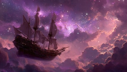 Dark ship floats amidst a vibrant, star-dusted, purple-pink nebula