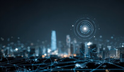 Night city skyline, overlaid with digital network, holographic interface