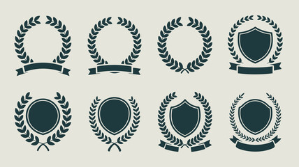 Award winning laurel wreath and shield emblems for achievement recognition, sports, and business success celebration graphics