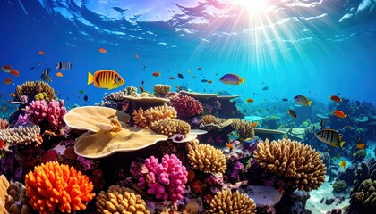 Obraz premium Vibrant coral reef teeming with colorful fish in a sunlit underwater scene.