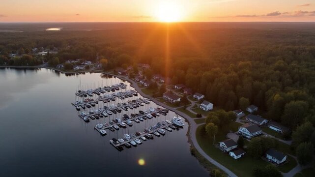 Karlstad aerial with lakeshore marina and homes glowing in warm sunset light