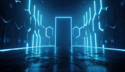 Futuristic neon tunnel.  Dark, concrete interior with hexagonal patterns, bathed in vibrant blue neon light, leading to a dark, rectangular doorway