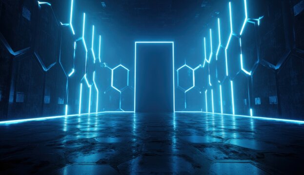 Futuristic neon tunnel. Dark, concrete interior with hexagonal patterns, bathed in vibrant blue neon light, leading to a dark, rectangular doorway