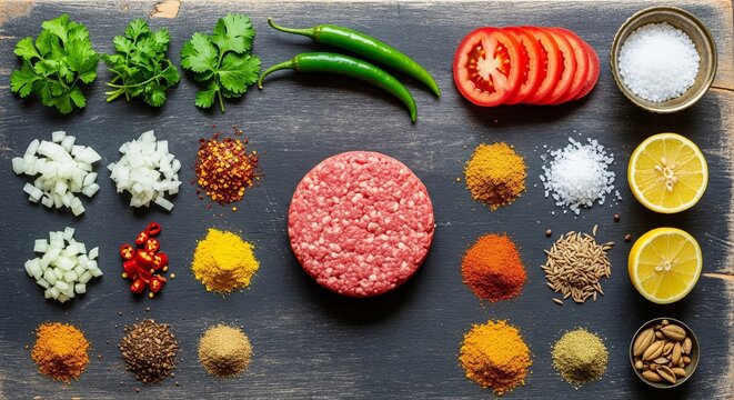A vibrant flat lay of fresh, raw ingredients for Chapli Kebab, including minced meat and assorted spices, arranged on a dark background.
