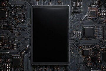 Fototapeta premium A dark tablet rests atop a complex, dark-grey circuit board, its screen black and blank, surrounded by intricate electronic components