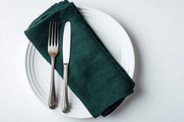 A dark teal linen napkin sits on a white plate, alongside a fork and knife, on a white background