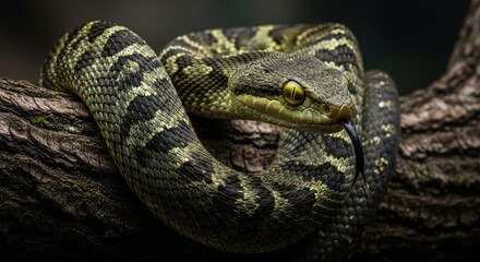 Obraz premium Venomous Viper Snake Coiled on a Tree Branch