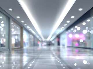 Gleaming mall hallway with bright ceiling lights reflects on the polished floor, blurring storefronts on either side in a soft, airy ambiance