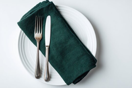 A dark teal linen napkin sits on a white plate, alongside a fork and knife, on a white background