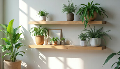 Minimalist interior featuring serene floating wooden shelves adorned with rich green houseplants. Clean contemporary design brings botanical natural vibe, fresh green plants enhances home decor