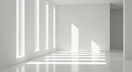 Bright Sunlight Flooding an Empty White Room with Tall Windows