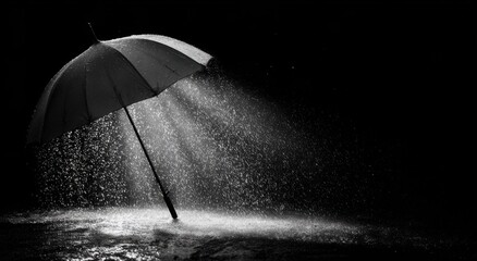 A black and white umbrella in a rainstorm.  Water droplets stream from the open umbrella, creating a dramatic effect.  A dark background emphasizes the rain