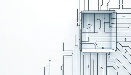 Abstract graphic art illustration shows minimalist maze-like structure. Clean lines form pathways within square frame. Top-down perspective suggests intellectual challenge, problem-solving, strategic