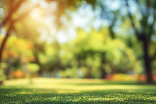 Blurry lush lawn, sunlit trees & greenery create a tranquil bokeh scene. Greens & yellows evoke warmth & a sense of serenity