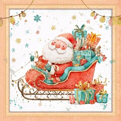 Fototapeta premium Cute Christmas card Santa sleigh gifts watercolor illustration snowflakes festive winter greeting kid friendly vintage cozy holiday decor