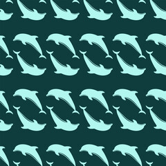 Light teal dolphins seamless pattern leaping on a dark teal background. Vector playful and marine-themed design for textiles, kids' items, and aquatic concepts. Dolphins kids print.