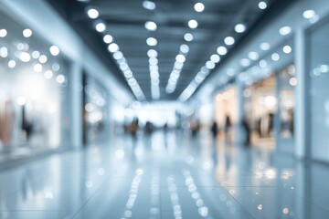 Blurry view of an indoor corridor with stores. Soft focus creates abstract patterns of light and shapes. Glossy floor reflects the ambient light and the corridor