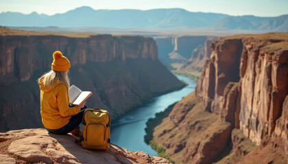 Woman in yellow beanie reads book atop canyon overlooking river. Backpack sits beside. Scenic mountain landscape provides backdrop. Enjoying nature, solitude, outdoor adventure during sunny autumn