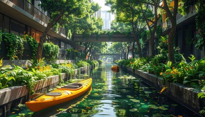 A serene urban waterway lined with lush greenery and modern architecture, showcasing a vibrant, tranquil scene.