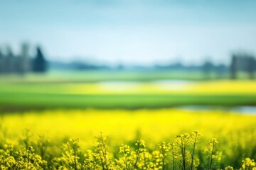 Sunny field of yellow flowers, with distant trees in the background, beneath a blue sky. Shallow depth of field