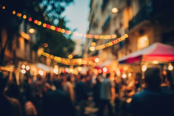 Blurry street scene with people and string lights, creating a warm, festive atmosphere in the evening along an alleyway with buildings
