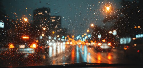 Blurry city street at night, rain on windshield