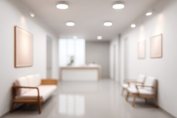 A blurred view down a bright, minimalist hallway with seating. Lights illuminate the space. Soft, warm colors create a soothing, professional atmosphere