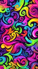 Fototapeta premium Vibrant abstract art swirling brushstrokes in neon pink, teal, yellow, and purple create a psychedelic, dynamic and colorful illustration