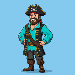 Winking cartoon pirate in classic outfit—tricorn hat, turquoise shirt, red bandana, and gold-trimmed vest.