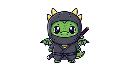Adorable Cartoon Ninja Dragon with Green Scales and Sword.
