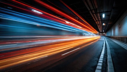 Night tunnel, motion blur of car lights