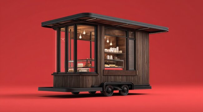 A dark-wood mobile kiosk on wheels, showcasing interior shelves with products, sits against a vibrant red backdrop.  It features large windows and a sleek, modern design