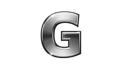 A bold metallic letter g with a brushed steel finish isolated on a plain white background